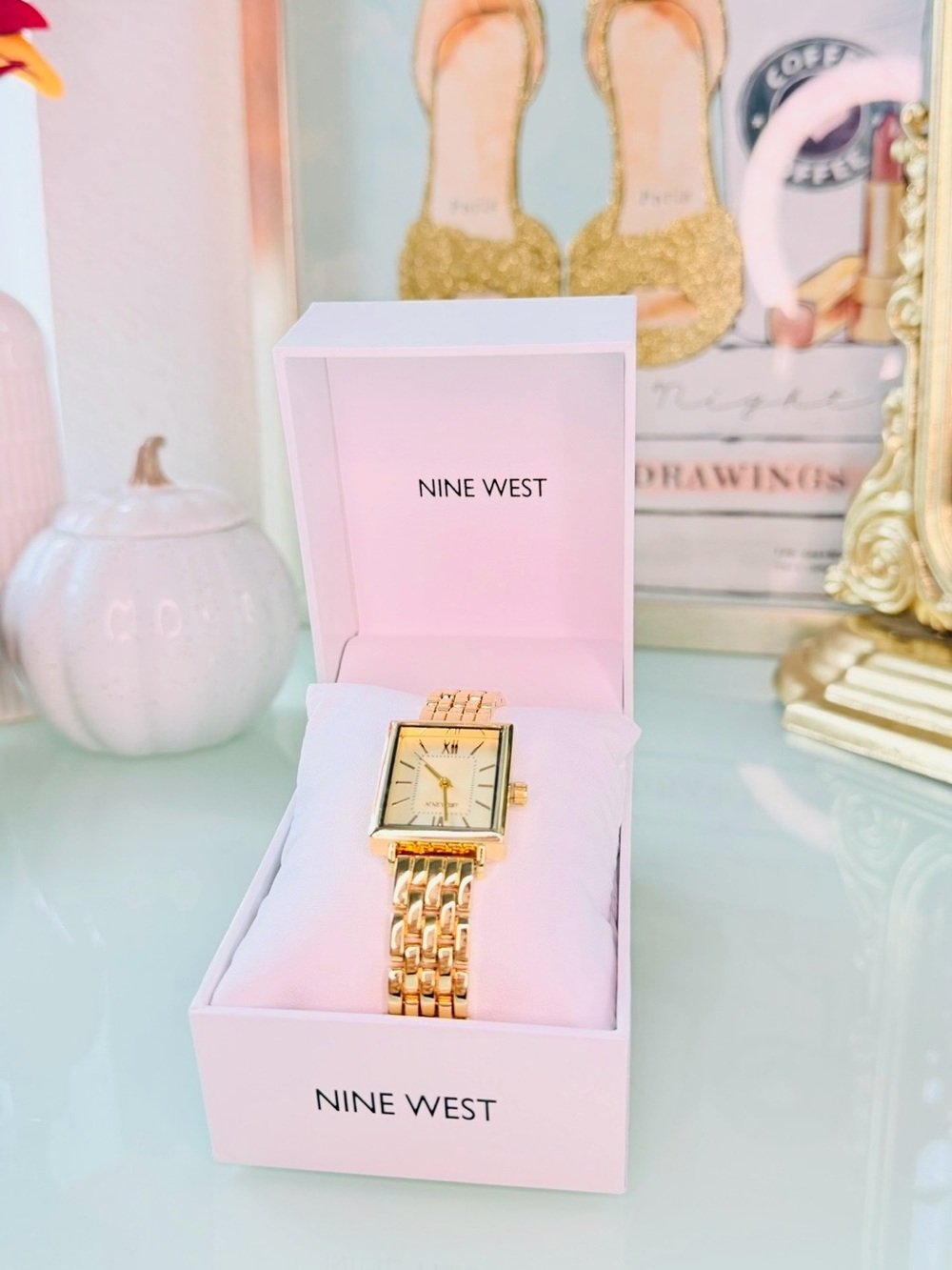Nine West Gold Tone Rectangular Link Bracelet Watch